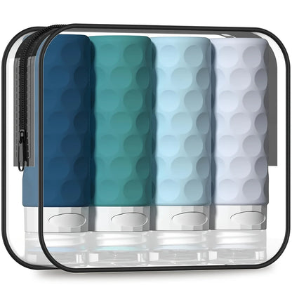 4Pcs Silicone Travel Bottles Set Leak Proof TSA Approved Squeeze Containers with Clear Toiletry Bag for Shampoo Lotion