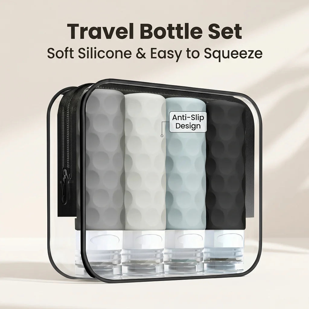4Pcs Silicone Travel Bottles Set Leak Proof TSA Approved Squeeze Containers with Clear Toiletry Bag for Shampoo Lotion