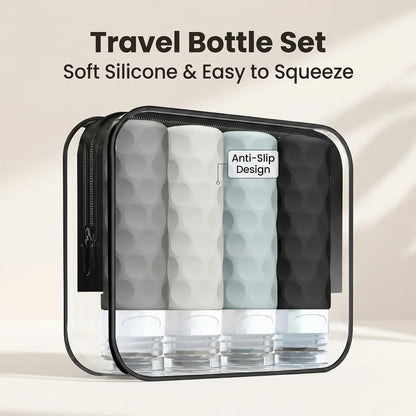 4Pcs Silicone Travel Bottles Set Leak Proof TSA Approved Squeeze Containers with Clear Toiletry Bag for Shampoo Lotion