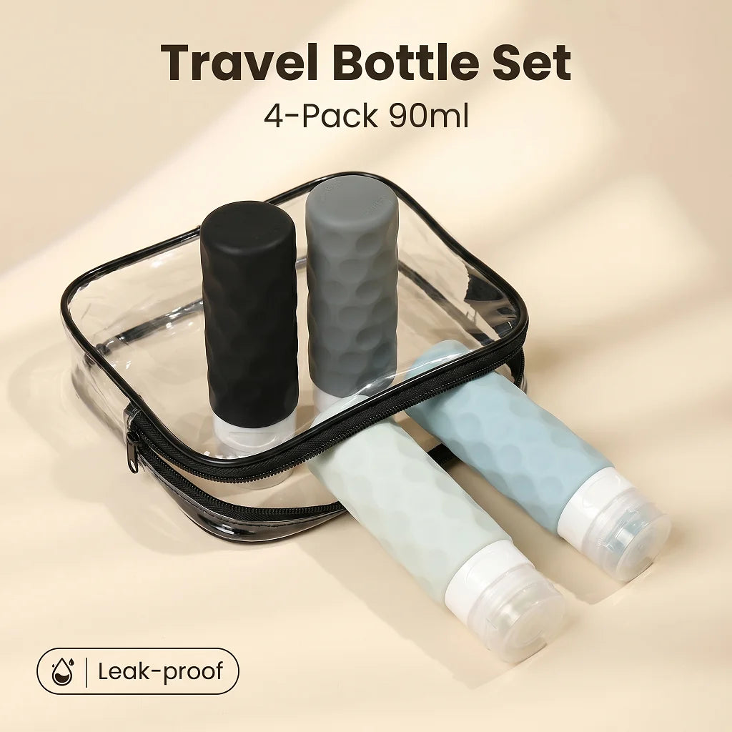4Pcs Silicone Travel Bottles Set Leak Proof TSA Approved Squeeze Containers with Clear Toiletry Bag for Shampoo Lotion