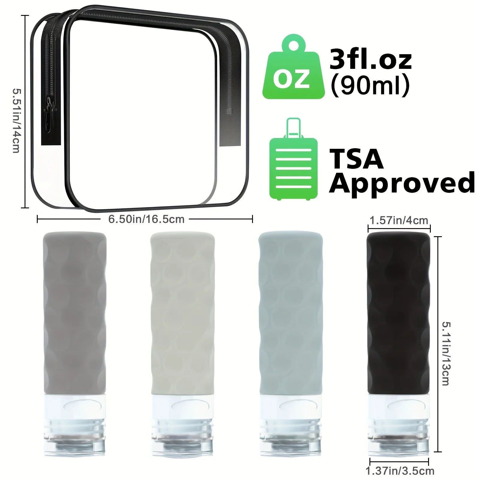 4Pcs Silicone Travel Bottles Set Leak Proof TSA Approved Squeeze Containers with Clear Toiletry Bag for Shampoo Lotion